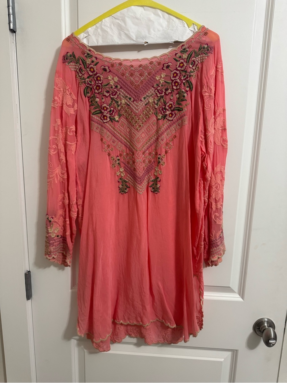 Johnny Was Coral Embroidered V-Neck Tunic